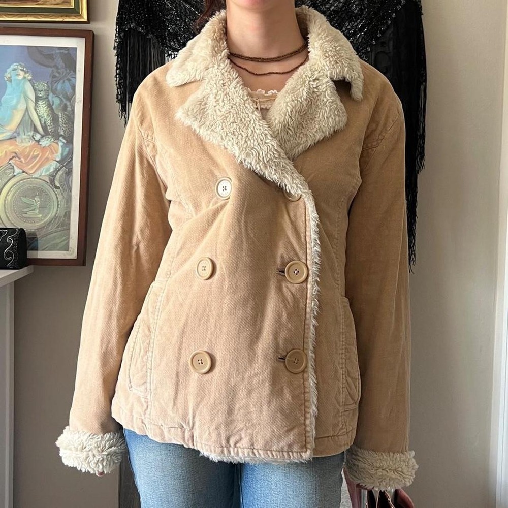 Aeropostale Vintage 2000s Tan Corduroy Faux Fur Double Breasted Coat L